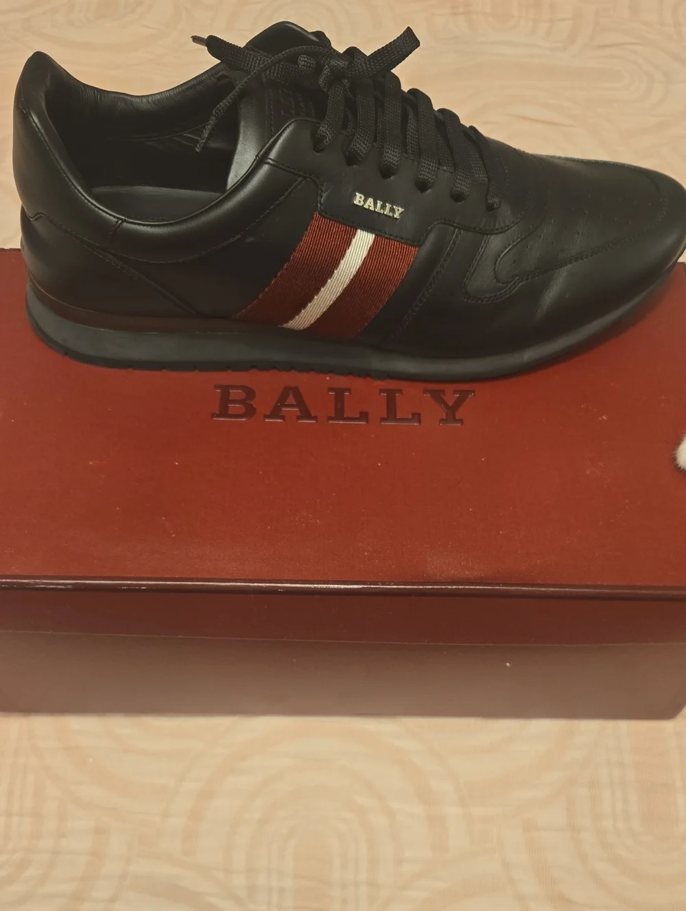 Bally Black Leather Sneaker with Red and White Stripe